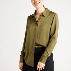 Quince Washable Stretch Silk Long Sleeve Blouse, Size Small, Army Green